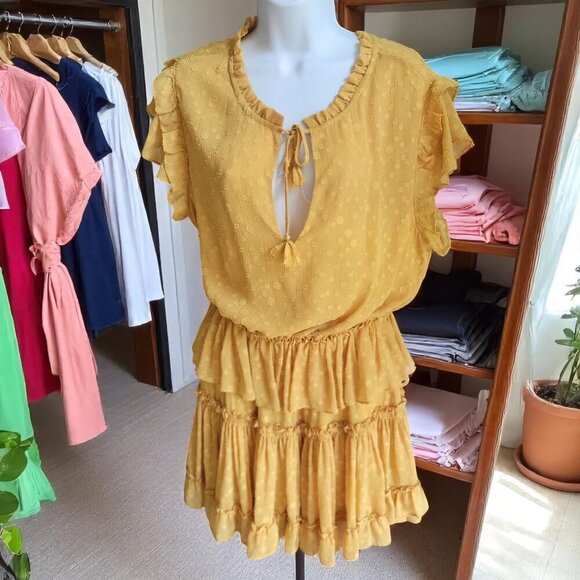 MISA Revolve Dress LILIAN Mini Yellow Safron Polka Dot Textured Ruffle L - Picture 2 of 9